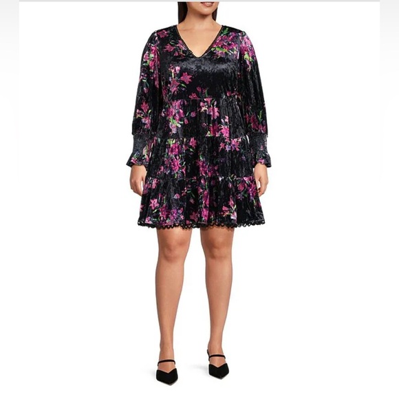 Sugarlips Velvet Pink Floral Babydoll Lace Trim Long Sleeve Dress 3X Whimsigoth - Picture 1 of 6